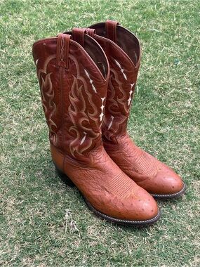 Tony Lama Chestnut Brown Faux Ostrich Embossed Western Cowboy Boots